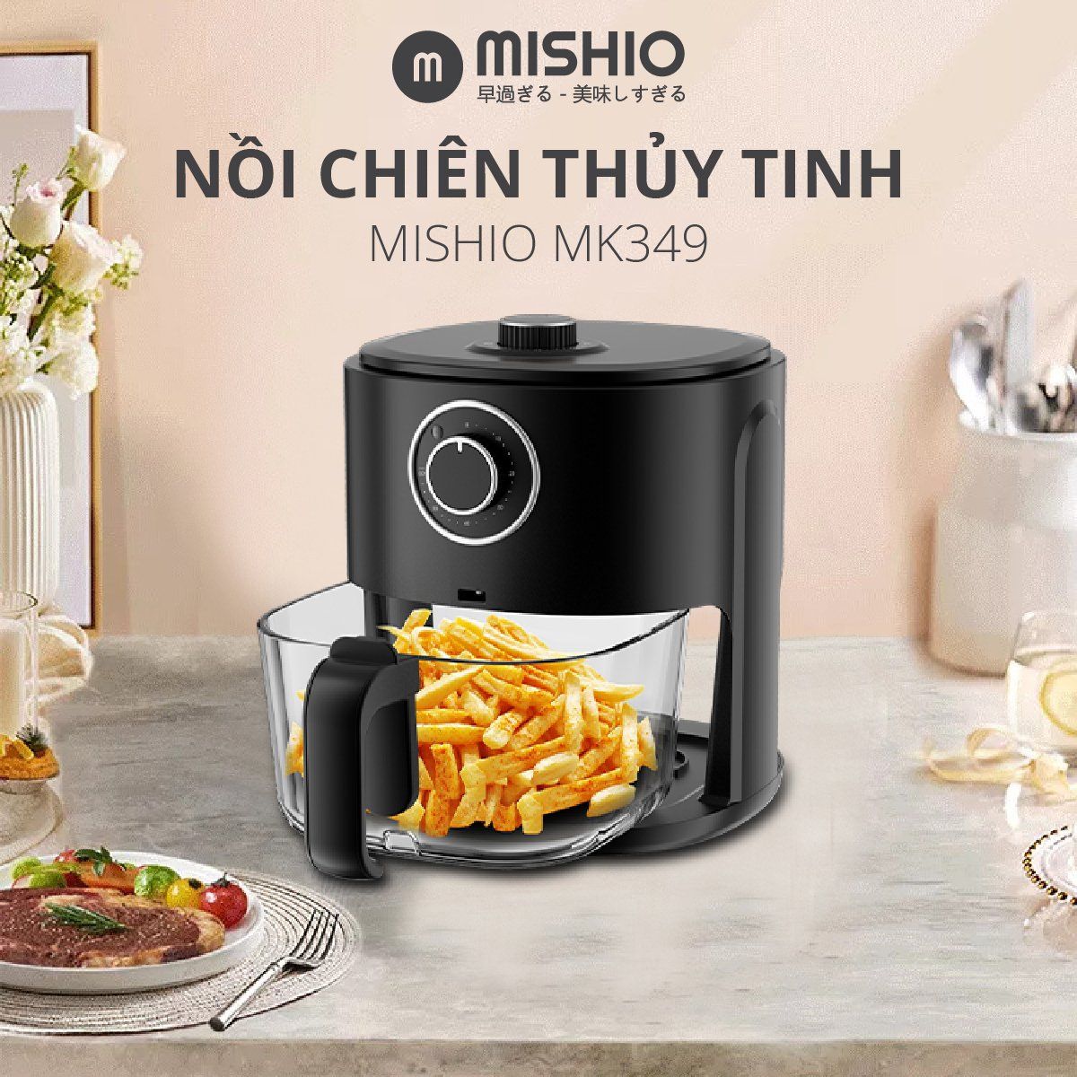 Nồi chiên không dầu thuỷ tinh 6L Mishio MK349 không sợ bong tróc gỉ sét khay chiên